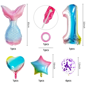 Mermaid party set with gradient tail, number 1 balloon, and purple confetti balloons