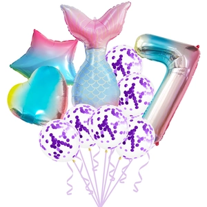 Detailed set of mermaid tail balloons with number 7 and purple confetti latex decor