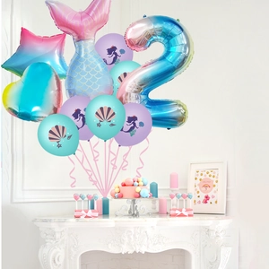 Mermaid party balloon set with gradient fish tail and number 2 for birthday decoration