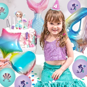Mermaid party decoration set with gradient foil balloons and sequin costume for 4th birthday