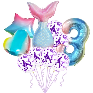 Mermaid theme 3rd birthday party balloon set with foil tail and star decorations
