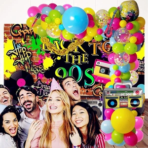 Retro 80s 90s party decoration kit with boombox guitar balloons and colorful garland