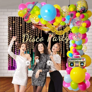Vibrant disco party decor set with colorful balloon arch and retro guitar foil balloons