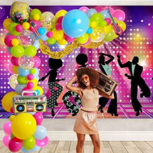 Retro 80s 90s disco party set with balloon arch, radio and guitar foil balloons