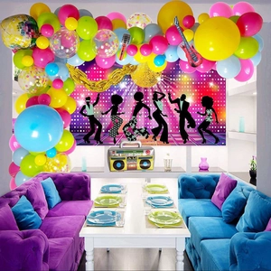 Retro 80s 90s disco party balloon arch kit with guitar and radio foil balloons and backdrop
