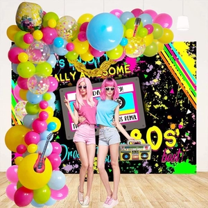 Detailed 80s 90s party set with neon balloons, radio foil balloon and retro backdrop