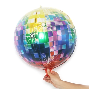Colorful 4D disco ball foil balloon with vibrant mosaic pattern for retro party decor