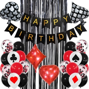 Poker Theme Birthday Party Decorations Aluminum Foil Latex Balloons Happy Birthday Banner Fringe Curtain Casino Night Style