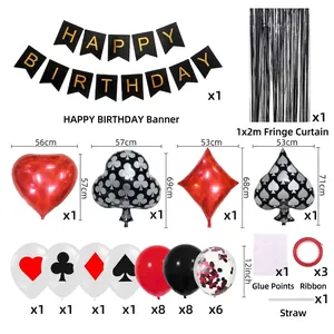Poker theme birthday decoration set with balloons, banner and red black fringe curtains