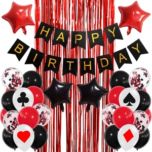 Poker theme birthday party decoration set with red and black balloons and birthday banner