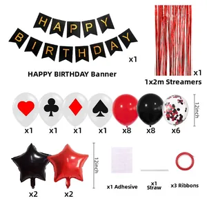 Detailed set of poker theme party balloons with red curtains and happy birthday banner
