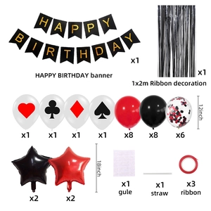 Poker theme birthday party kit with Happy Birthday banner and red black balloons
