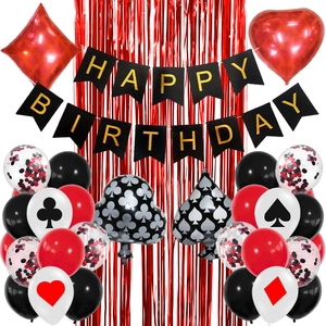 Poker themed birthday decoration set with balloon garland and red foil fringe curtains