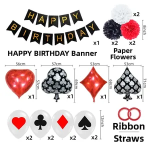 Poker theme birthday party kit featuring card suits foil balloons and latex banners