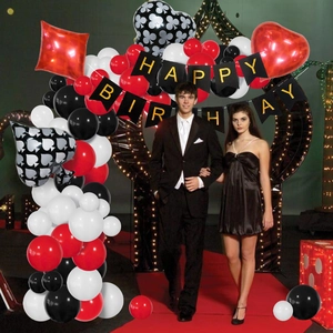 Poker theme birthday decoration set with red black white balloons and card suit foils