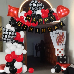Las Vegas casino party balloon arch kit with poker theme decorations and birthday banner
