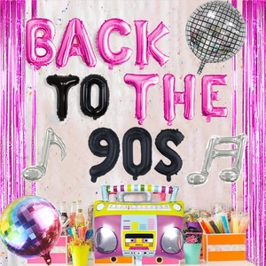 Retro 90s party decor kit with disco ball balloons and boombox radio foil balloon