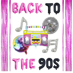 Retro Back To The 90s Party Decorations Radio Disco Ball Music Note Star Foil Balloons Pink Black Gold Rain Curtain Backdrop