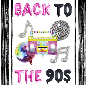Detail of 90s disco party balloon set with radio, musical notes, and fringe curtains
