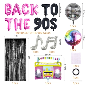 Detailed set of Back to the 90s party balloons with retro radio and disco foil elements