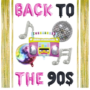 Detail of Back to the 90s party balloons with retro radio and disco ball foil shapes