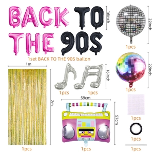 Detailed set of 90s retro party foil balloons including radio, disco ball, and notes