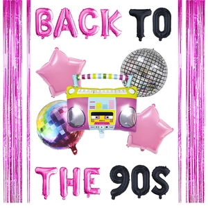 Detailed 90s retro party balloon set featuring radio foil and disco theme decorations