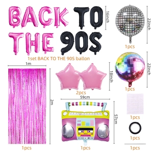 Detailed size specifications for 90s retro theme party balloon kit with radio and disco balls