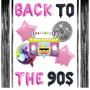 Retro disco party balloon set with radio shape and Back to the 90s slogan balloons