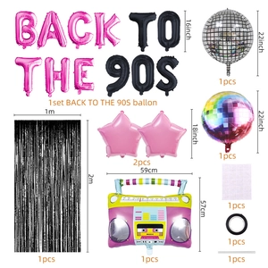 Detailed set of 90s party balloons with retro radio, disco balls and foil fringe curtain