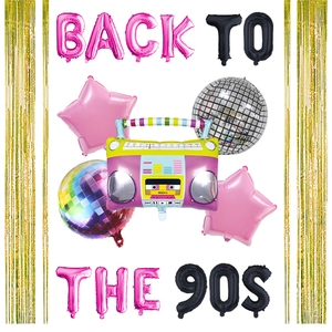 Retro 90s party set featuring boombox balloon, disco ball, and Back To The 90s gold foil decor