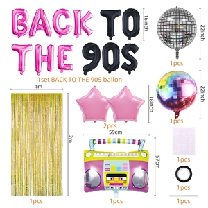 Detail set of Back to the 90s party balloons with disco ball and radio foil decorations