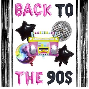 Retro 90s party set with boombox balloon, BACK TO 90S letters and black fringe curtains