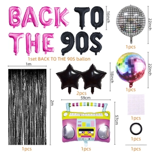 Detailed set of retro 90s party balloons with radio shapes and foil curtains