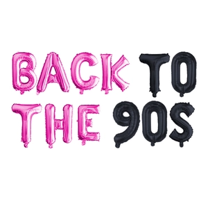 Retro Back to the 90s party balloons in rose red and black metallic aluminum foil
