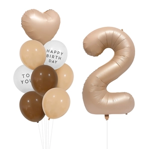 Caramel cream balloon set with large gold number 2 and heart for baby birthday decor