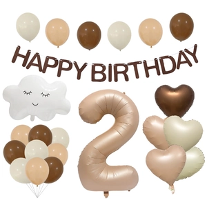 Caramel cream boho birthday party balloon set with number 2 and cloud foil balloons