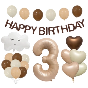 Caramel balloon set with Happy Birthday banner, number 3 and heart foil balloons