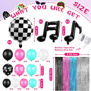 Disco music themed balloon arch kit with blue fringe curtain and music note foil balloons