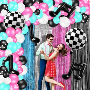 Disco party background featuring music note balloons and colorful fringe curtains