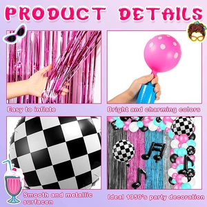 Macro view of 50s disco party set showing blue air pump and musical note foil balloon
