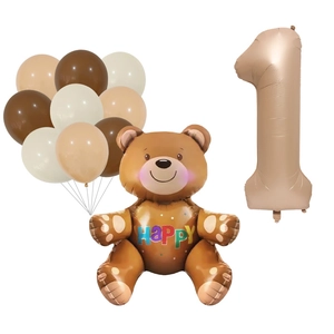 Detailansicht von 3D-Bärenballon und Nummer 1 Folienballon mit Morandi-Latexballons