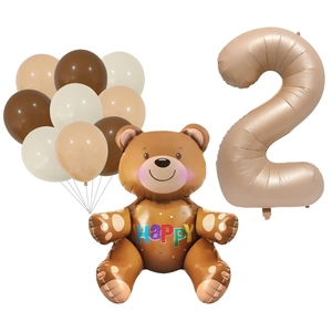 Party-Ballon-Set in Creme und Kaffee mit 3D-Bär und goldener Zahl 2 im Detail