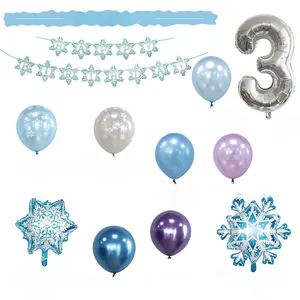 Détail du kit de fête flocon avec bannière et ballon chiffre 3 argenté
