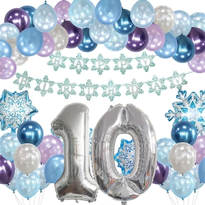 Décoration 10e anniversaire flocon de neige avec ballons bleus et chiffre 10 en argent