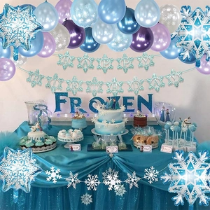 Kit décoration anniversaire Reine des Neiges avec ballons flocons et bannière joyeux