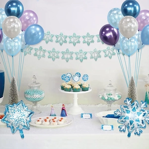 Kit fête anniversaire thème Reine des Neiges avec ballons flocons et banderole