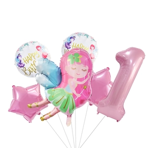 Kit ballons anniversaire fée avec chiffre 1 rose et lutin pour déco de premier an