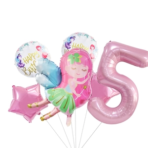 Set de 5 ballons d'anniversaire fée avec chiffre 5 rose et ballon baguette magique