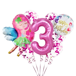 Dettaglio set 8 palloncini fata rosa con grande numero 3 e palloncini in lattice glitter